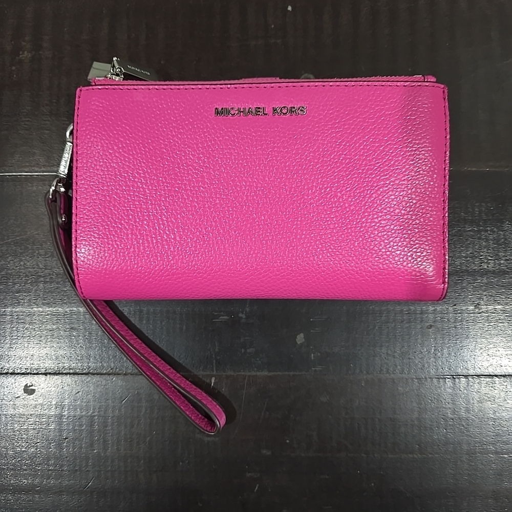 Michael Michael Kors Jet Set Double-Zip Pebbled Leather Wristlet in Cerise pink.